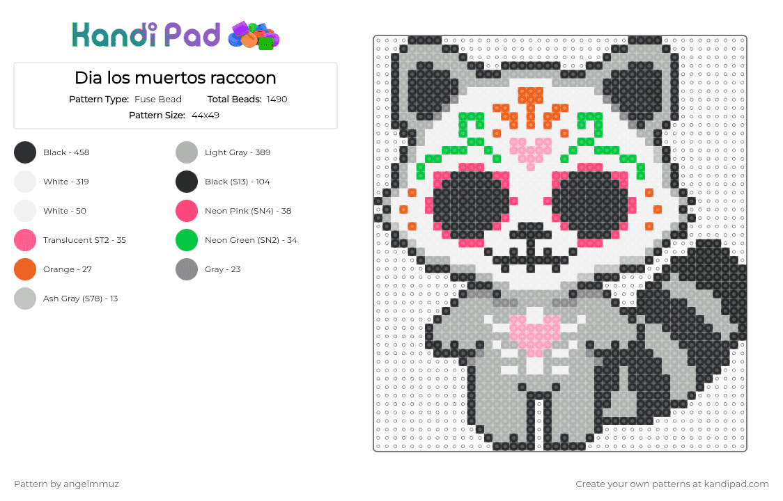 Dia los muertos raccoon - Fuse Bead Pattern by angelmmuz on Kandi Pad - white,beige