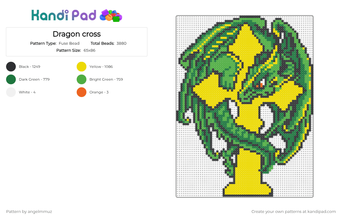Dragon cross - Fuse Bead Pattern by angelmmuz on Kandi Pad - green,yellow