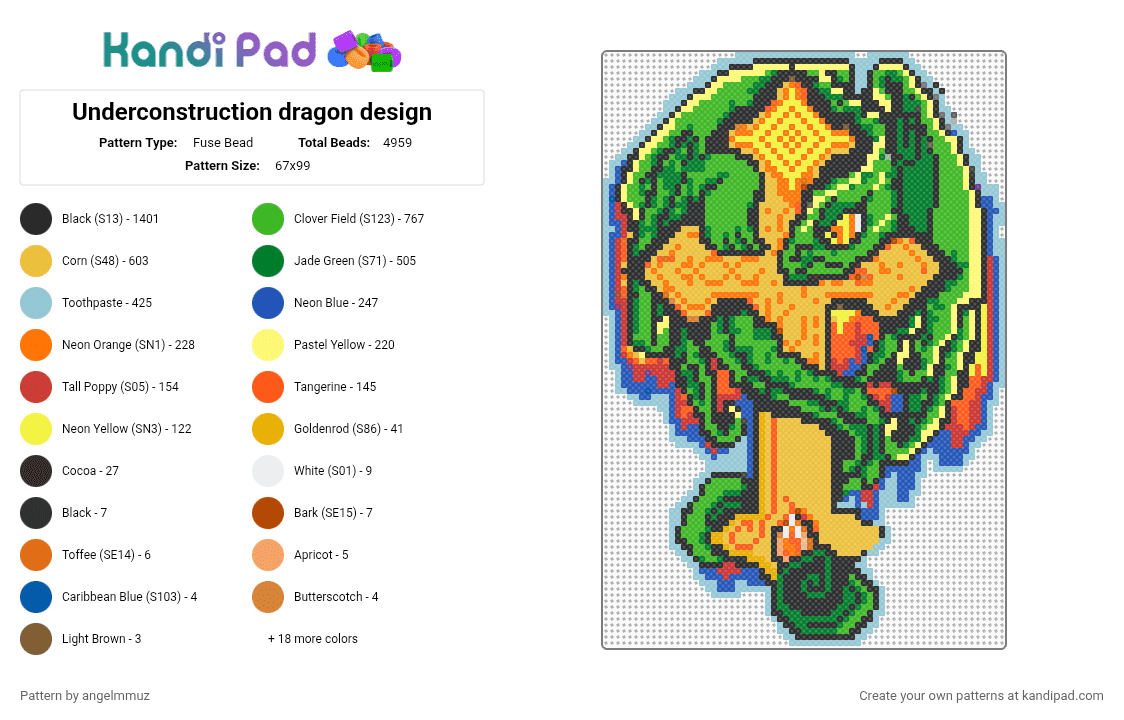 Underconstruction dragon design - Fuse Bead Pattern by angelmmuz on Kandi Pad - yellow,green,orange,colorful