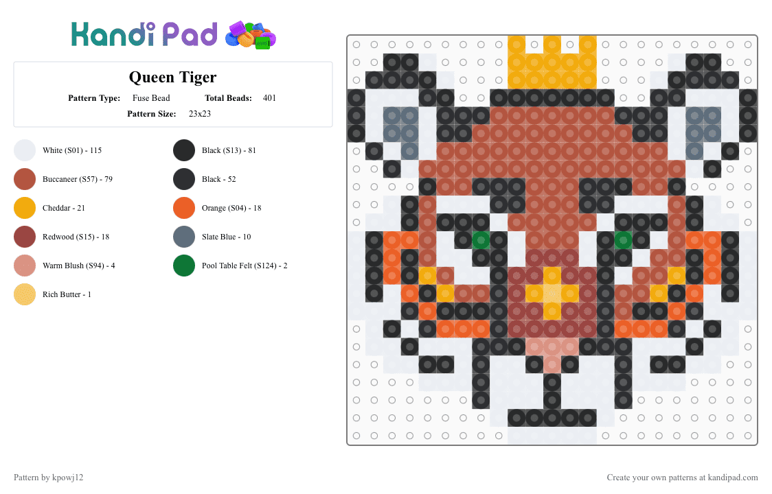 Queen Tiger - Fuse Bead Pattern by kpowj12 on Kandi Pad - white,red,orange,tiger,cat,bigcat