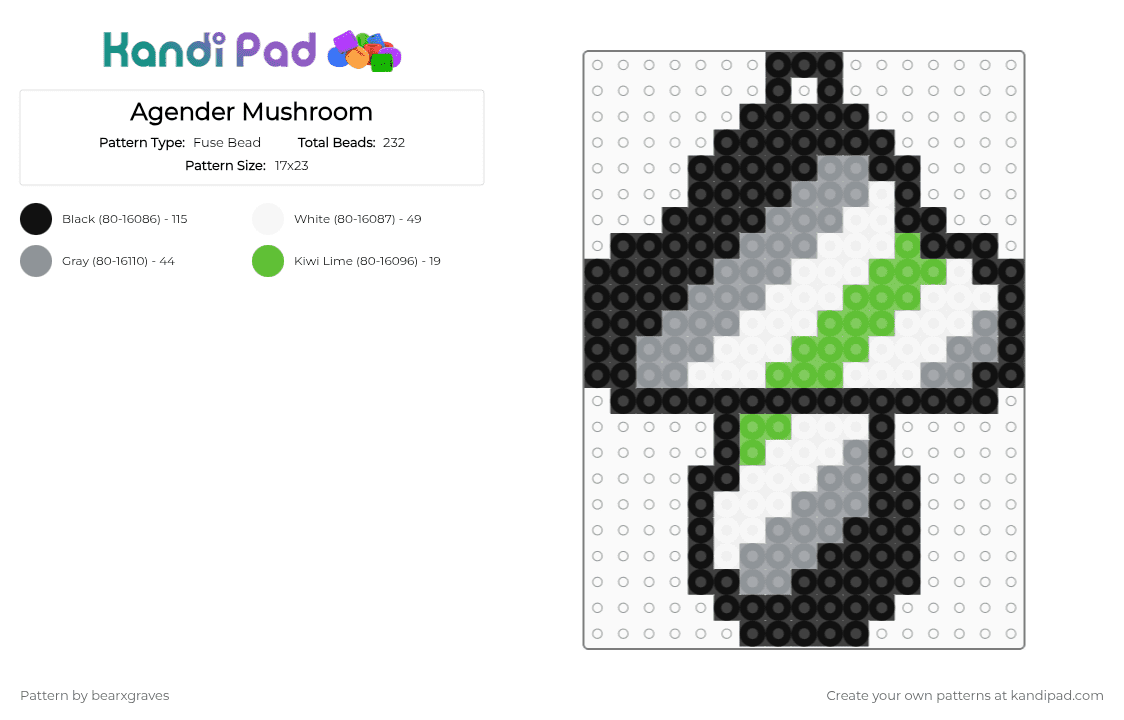 Agender Mushroom Keychain - Fuse Bead Pattern by bearxgraves on Kandi Pad - gray,green,pride,mushroom,agender