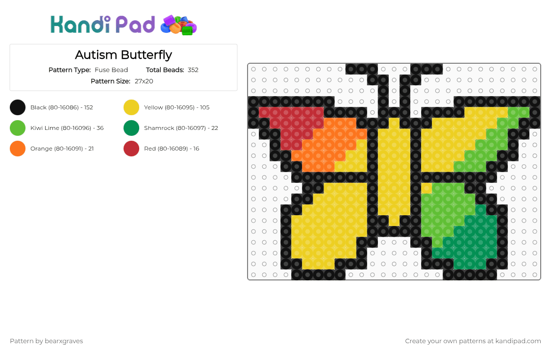 Autism Butterfly - Fuse Bead Pattern by bearxgraves on Kandi Pad - yellow,green,pride,butterfly,autism