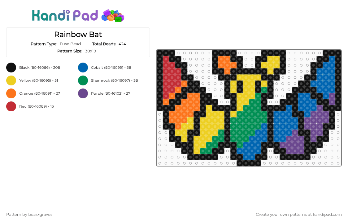 Rainbow Bat - Fuse Bead Pattern by bearxgraves on Kandi Pad - black,yellow,green,blue,pride,bat,rainbow