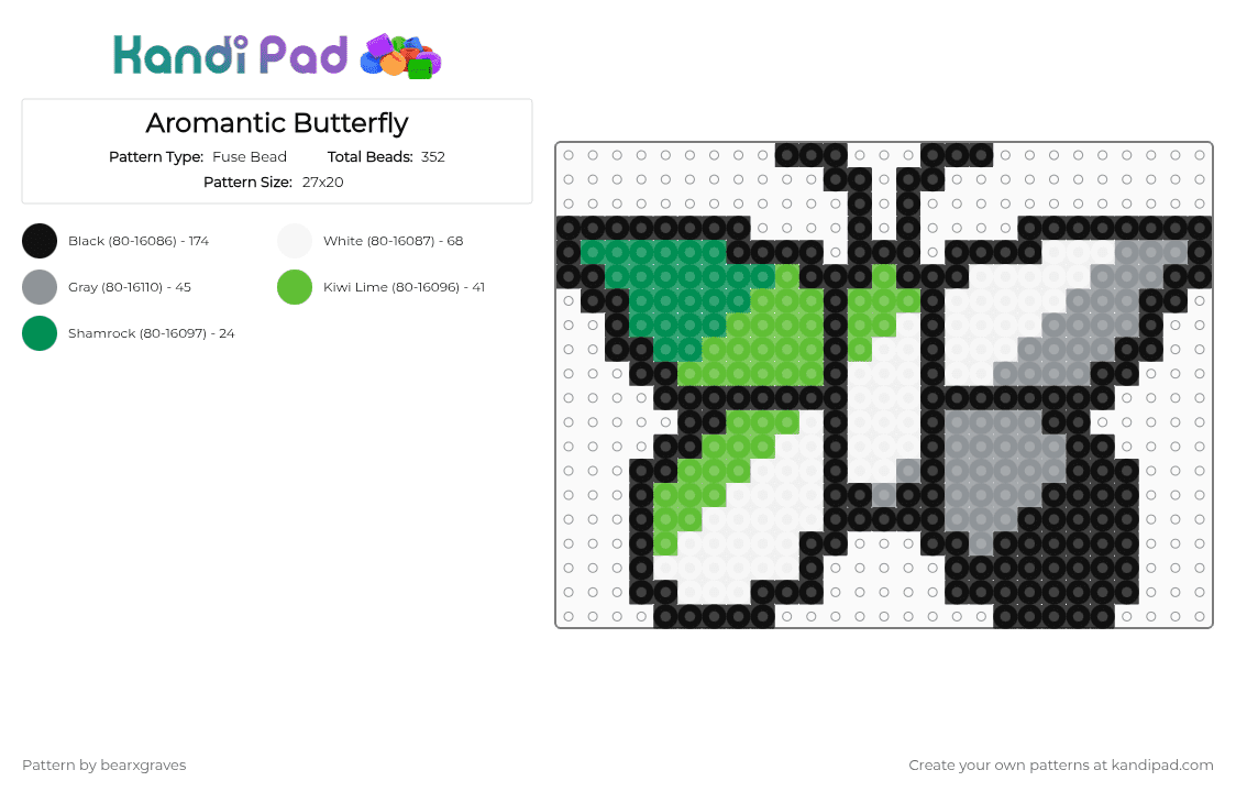 Aromantic Butterfly - Fuse Bead Pattern by bearxgraves on Kandi Pad - green,gray,pride,butterfly,aromantic