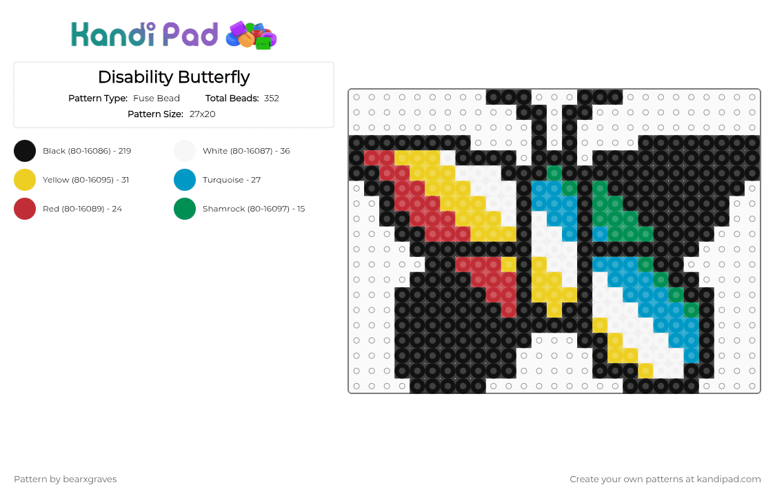 Disability Butterfly - Fuse Bead Pattern by bearxgraves on Kandi Pad - black,red,yellow,light blue,pride,butterfly,disability