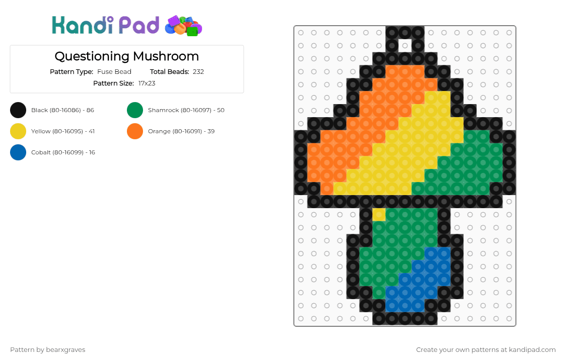 Questioning Mushroom Keychain - Fuse Bead Pattern by bearxgraves on Kandi Pad - orange,yellow,green,pride,mushroom,questioning