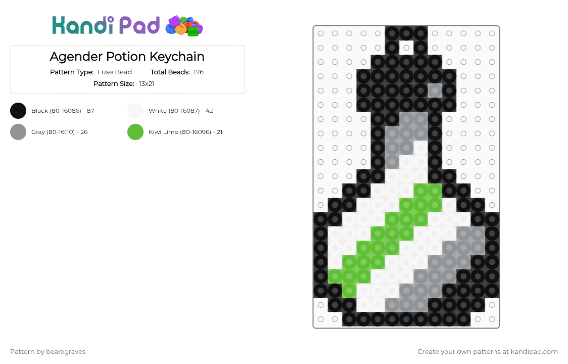 Agender Potion Keychain - Fuse Bead Pattern by bearxgraves on Kandi Pad - gray,green,pride,potion,agender