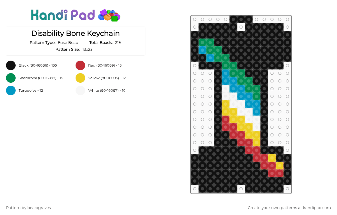 Disability Bone Keychain - Fuse Bead Pattern by bearxgraves on Kandi Pad - black,red,green,pride,bone,disability