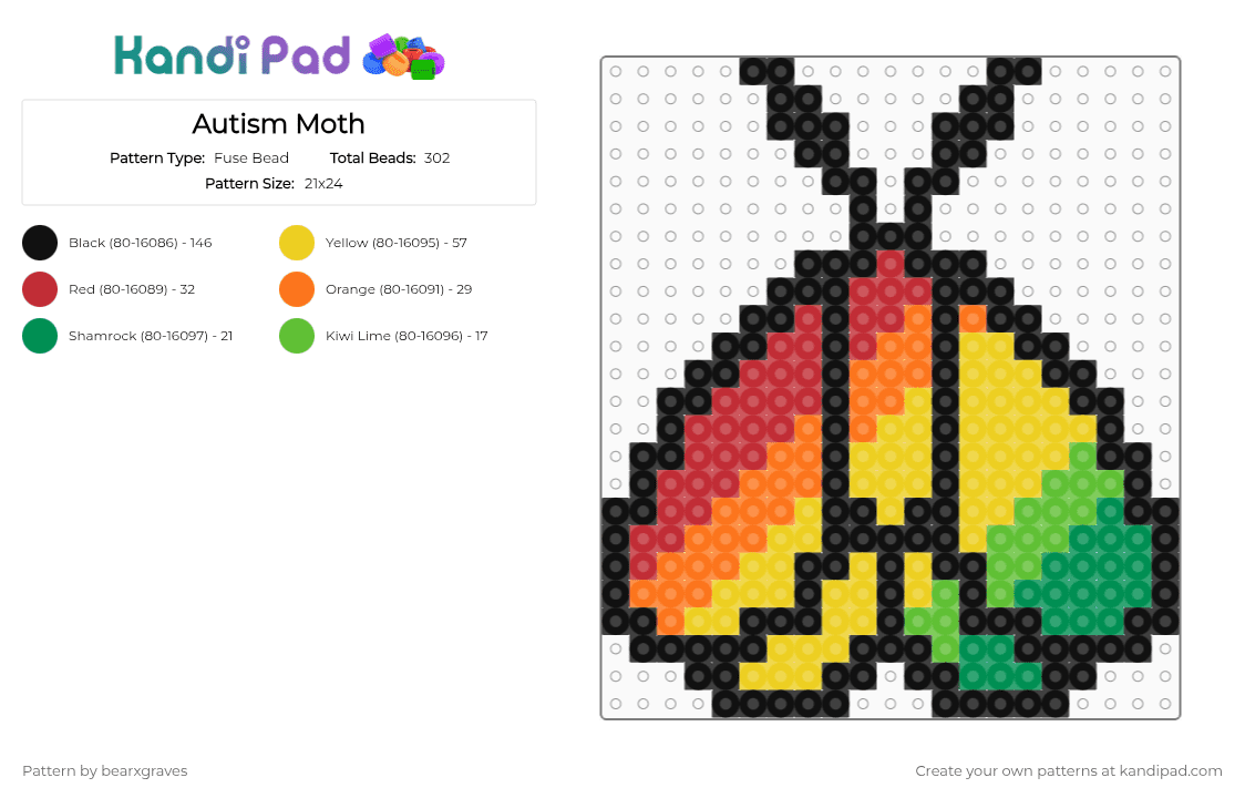 Autism Moth - Fuse Bead Pattern by bearxgraves on Kandi Pad - 