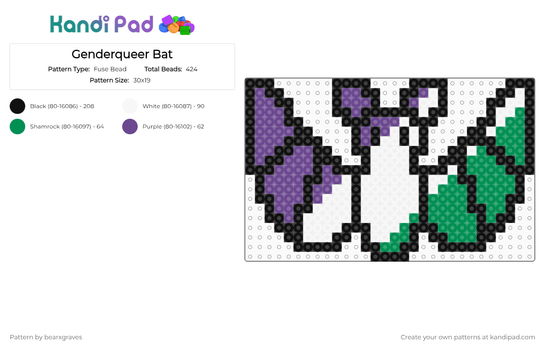 Genderqueer Bat - Fuse Bead Pattern by bearxgraves on Kandi Pad - purple,green,pride,bat,genderqueer