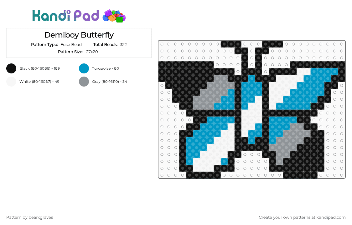 Demiboy Butterfly - Fuse Bead Pattern by bearxgraves on Kandi Pad - gray,light blue,pride,butterfly,demiboy