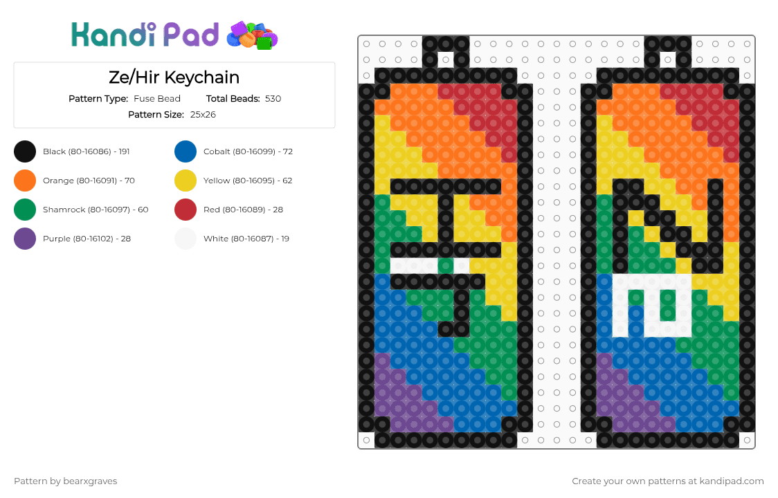 Ze/Hir Keychain - Fuse Bead Pattern by bearxgraves on Kandi Pad - orange,yellow,green,blue,pride,pronouns,rainbow