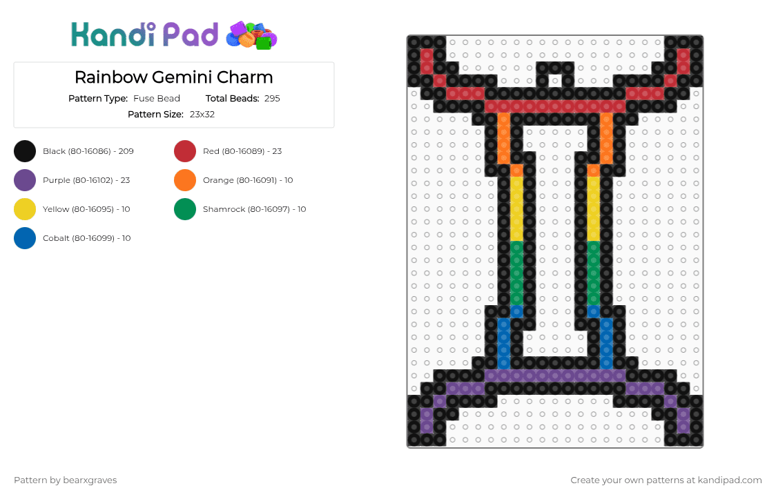 Gemini Charm - Fuse Bead Pattern by bearxgraves on Kandi Pad - black,red,purple,pride,zodiac,gemini,rainbow