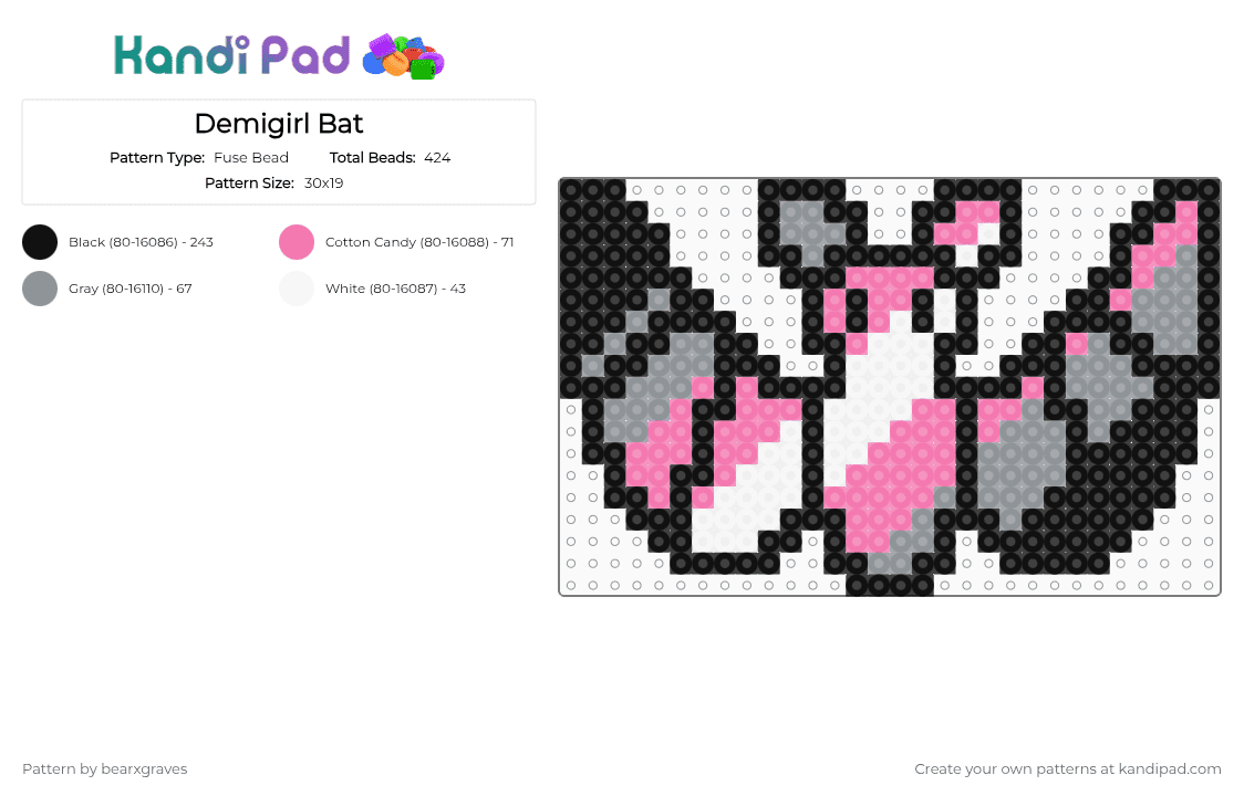 Demigirl Bat - Fuse Bead Pattern by bearxgraves on Kandi Pad - black,gray,pink,pride,bat,demigirl