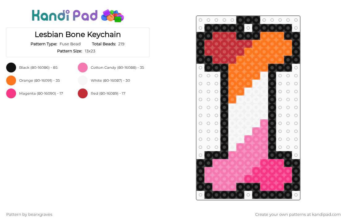 Lesbian Bone Keychain - Fuse Bead Pattern by bearxgraves on Kandi Pad - pink,orange,pride,bone,lesbian