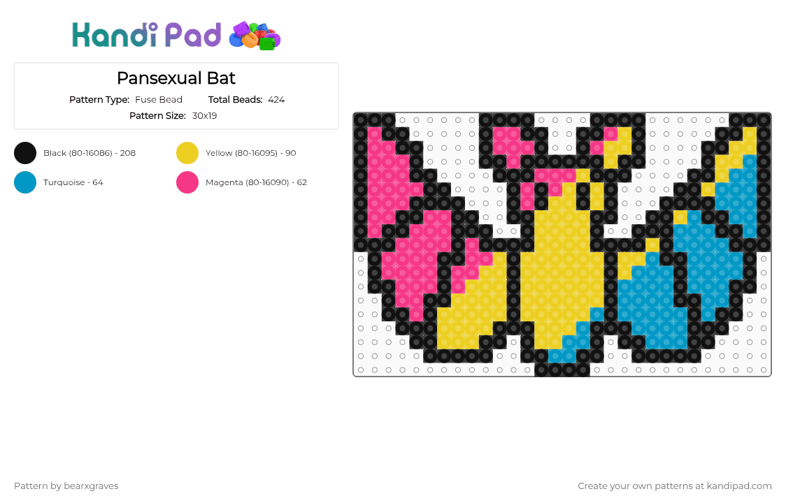 Pansexual Bat - Fuse Bead Pattern by bearxgraves on Kandi Pad - yellow,pride,bat,pansexual