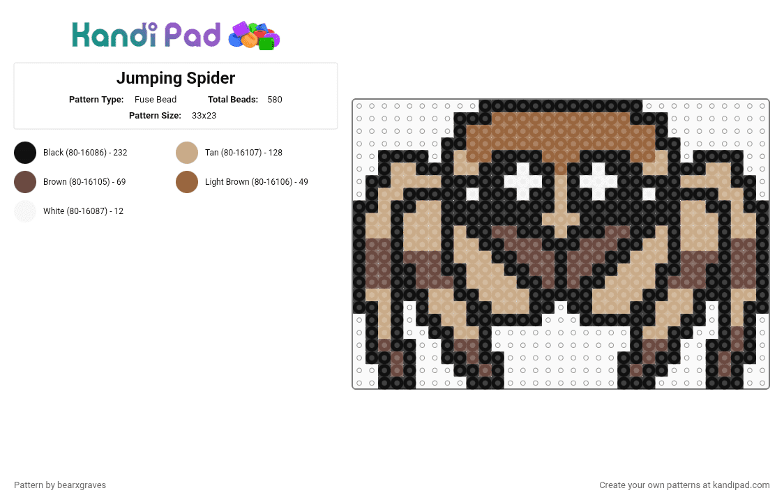 Jumping Spider - Fuse Bead Pattern by bearxgraves on Kandi Pad - black,beige,spider,arachnid,insect,bug