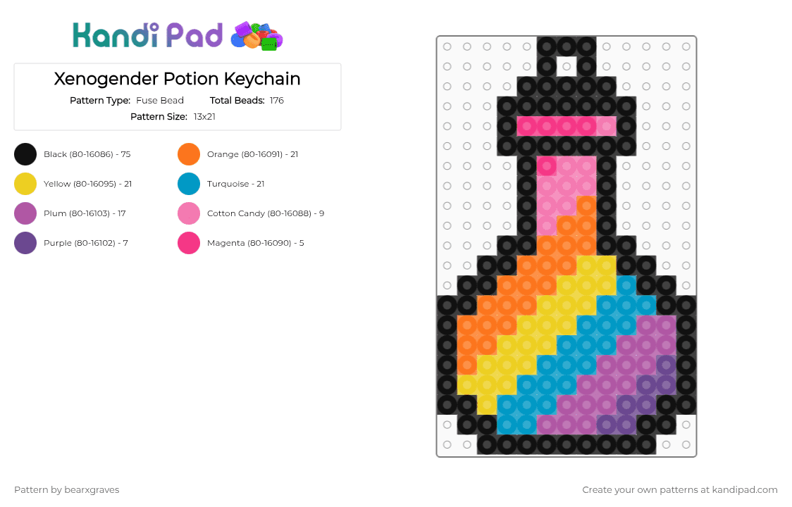 Xenogender Potion Keychain - Fuse Bead Pattern by bearxgraves on Kandi Pad - pink,orange,yellow,light blue,pride,potion,xenogender