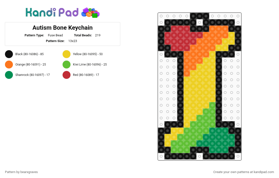Autism Bone Keychain - Fuse Bead Pattern by bearxgraves on Kandi Pad - yellow,green,pride,bone,autism