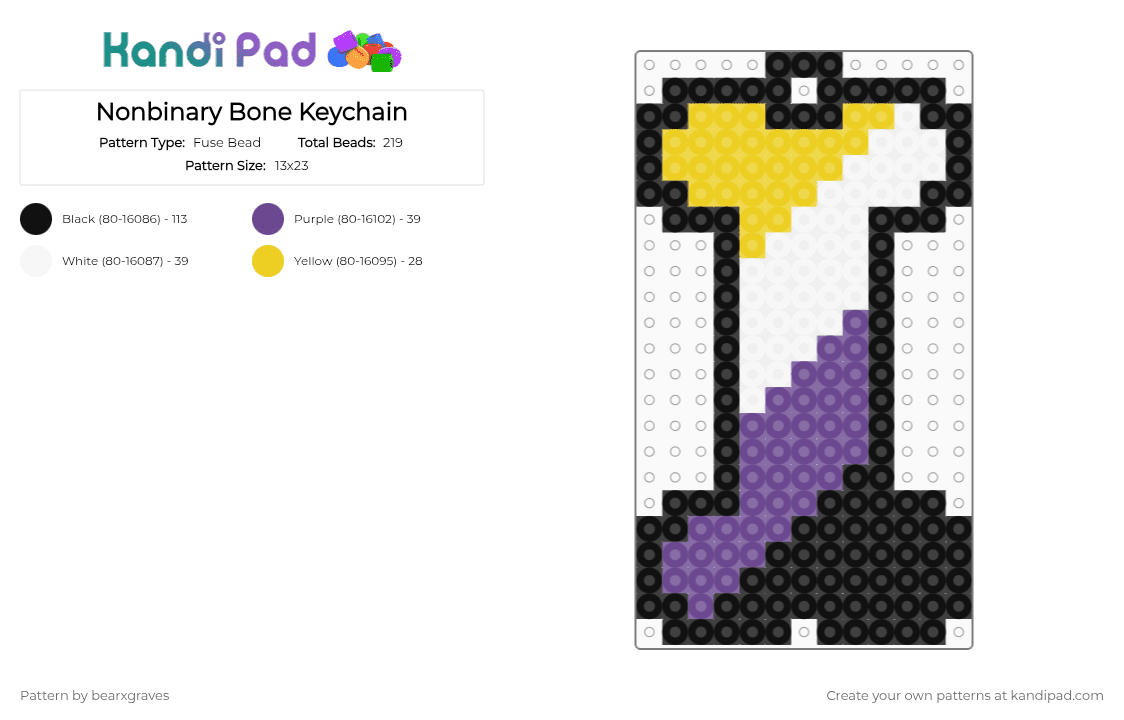 Nonbinary Bone Keychain - Fuse Bead Pattern by bearxgraves on Kandi Pad - purple,yellow,pride,bone,nonbinary