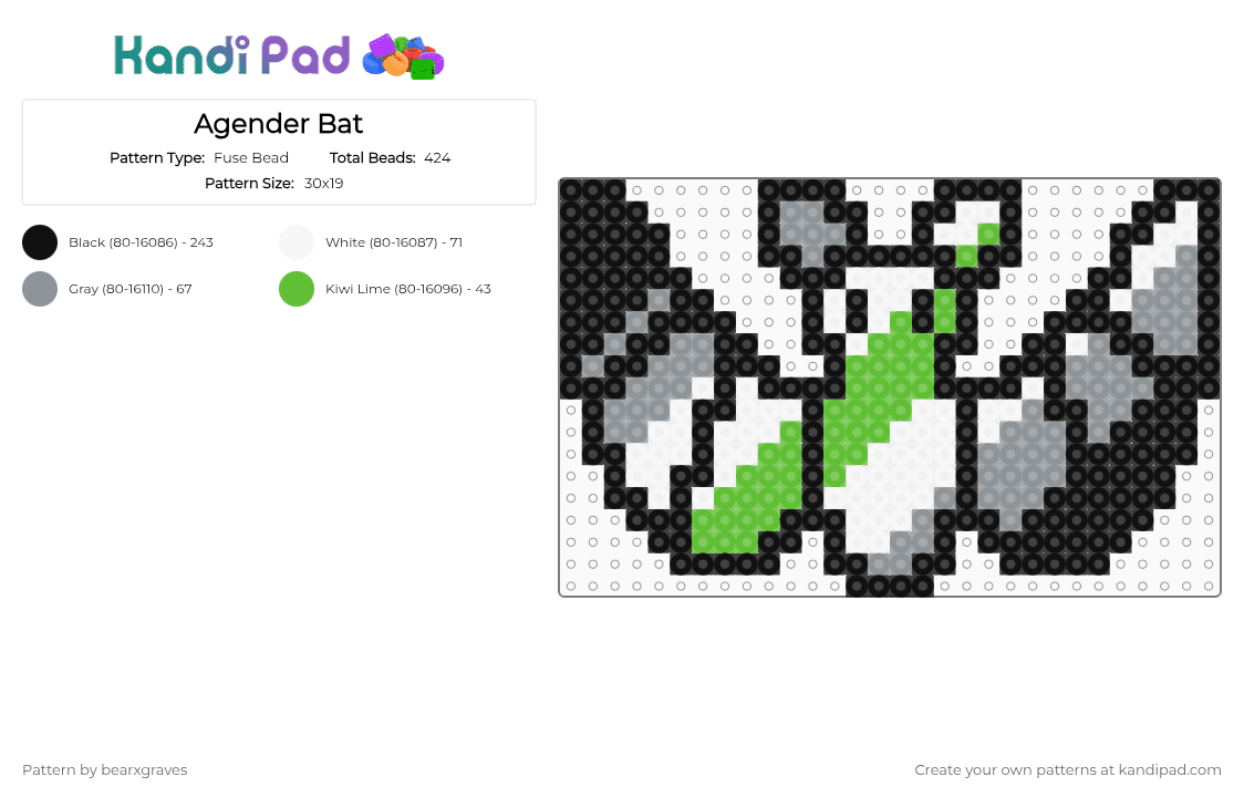 Agender Bat - Fuse Bead Pattern by bearxgraves on Kandi Pad - black,gray,green,pride,bat,agender