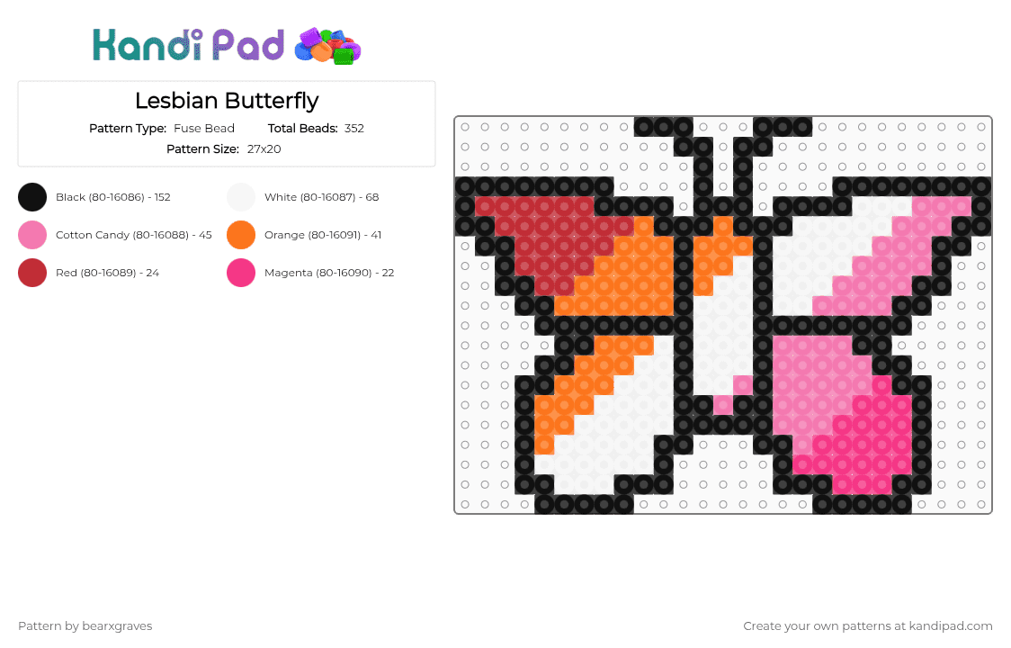 Lesbian Butterfly - Fuse Bead Pattern by bearxgraves on Kandi Pad - pink,pride,butterfly