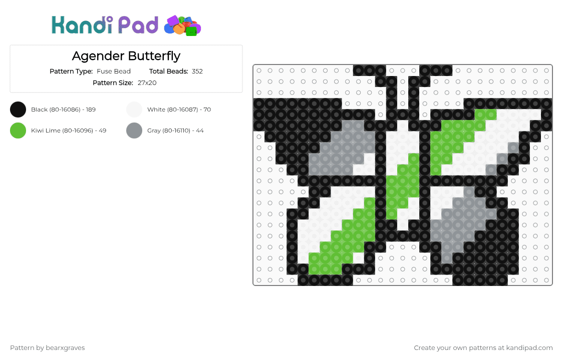 Agender Butterfly - Fuse Bead Pattern by bearxgraves on Kandi Pad - gray,green,pride,butterfly,agender