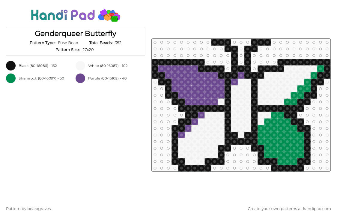 Genderqueer Butterfly - Fuse Bead Pattern by bearxgraves on Kandi Pad - purple,green,pride,butterfly,genderqueer