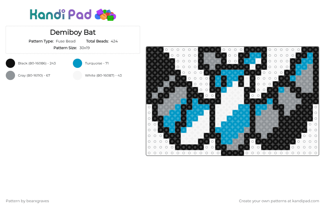 Demiboy Bat - Fuse Bead Pattern by bearxgraves on Kandi Pad - black,gray,light blue,pride,bat,demiboy