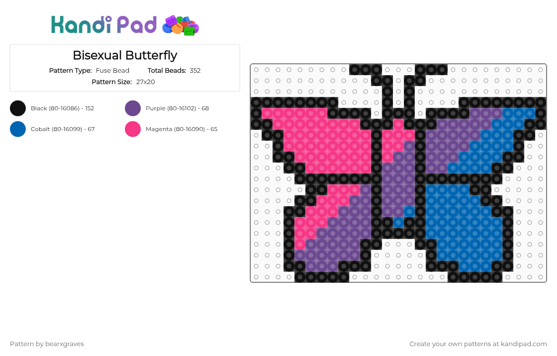 Bisexual Butterfly - Fuse Bead Pattern by bearxgraves on Kandi Pad - pink,purple,blue,pride,butterfly,bisexual