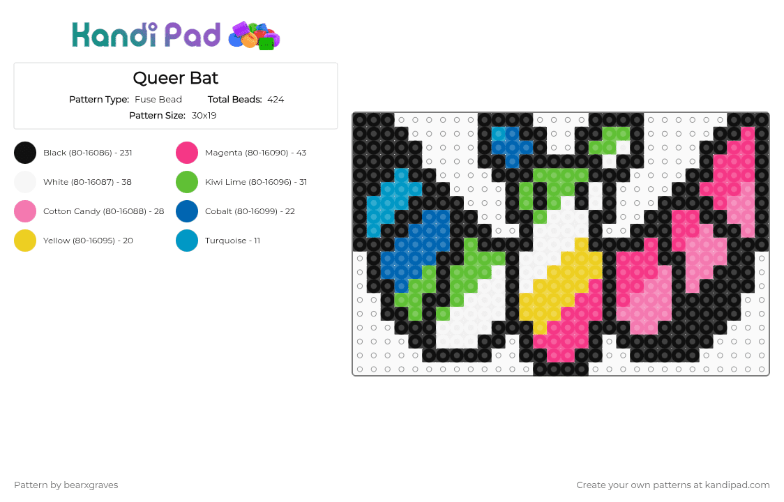 Queer Bat - Fuse Bead Pattern by bearxgraves on Kandi Pad - black,green,pink,pride,bat,queer