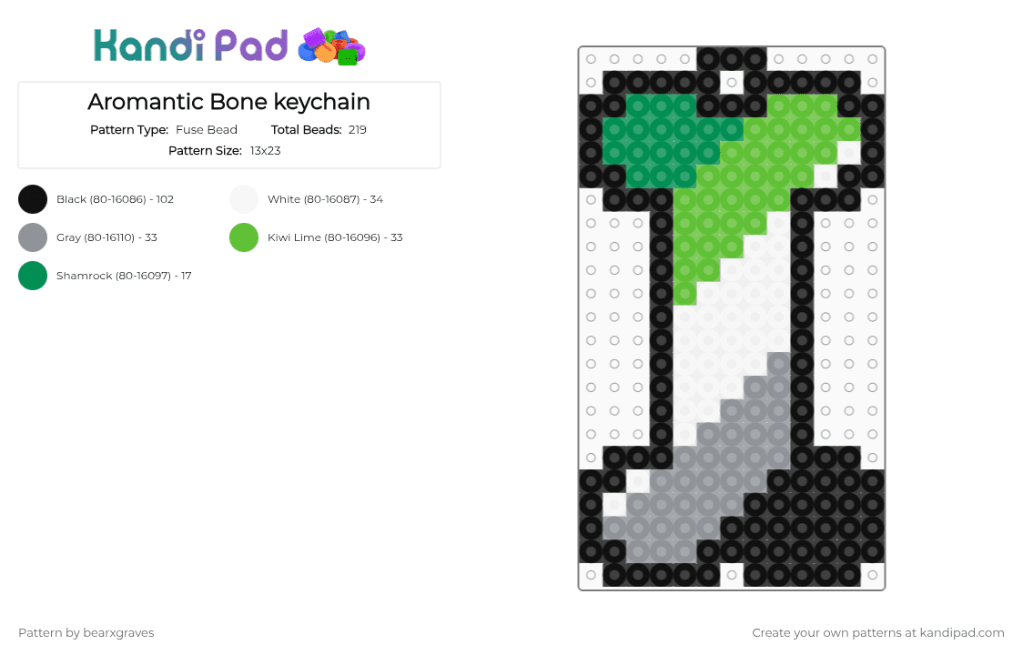 Aromantic Bone keychain - Fuse Bead Pattern by bearxgraves on Kandi Pad - gray,green,pride,bone,aromantic