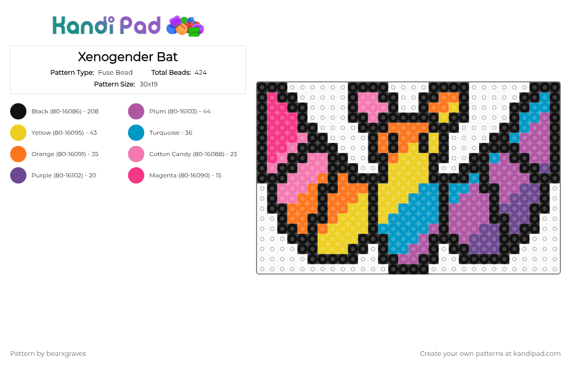 Xenogender Bat - Fuse Bead Pattern by bearxgraves on Kandi Pad - black,pink,yellow,pride,bat,xenogender