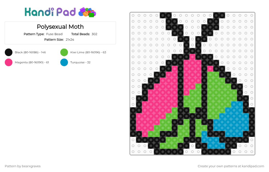Polysexual Moth - Fuse Bead Pattern by bearxgraves on Kandi Pad - green,pink,pride,moth,polysexual