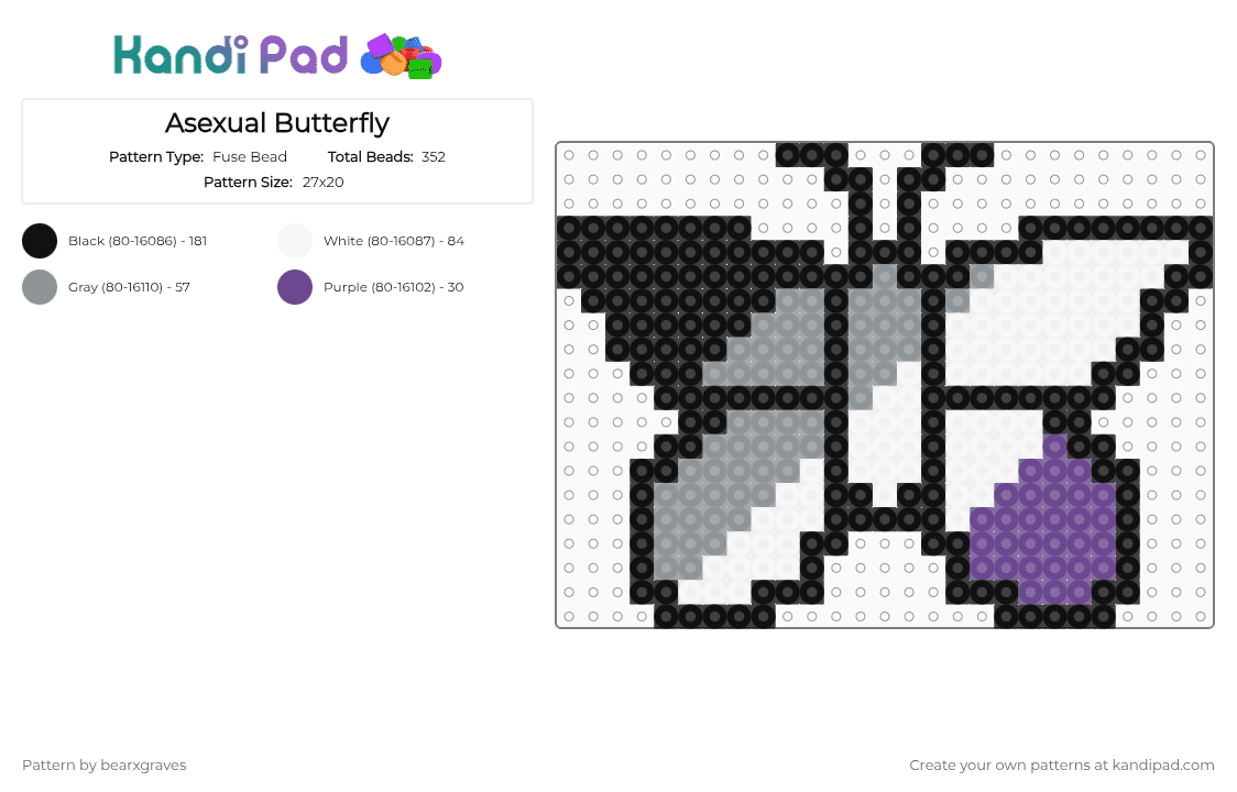 Asexual Butterfly - Fuse Bead Pattern by bearxgraves on Kandi Pad - gray,purple,pride,butterfly,asexual