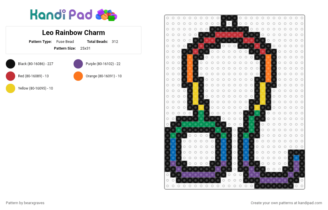 Leo Charm - Fuse Bead Pattern by bearxgraves on Kandi Pad - black,green,purple,colorful,pride,zodiac,leo,rainbow