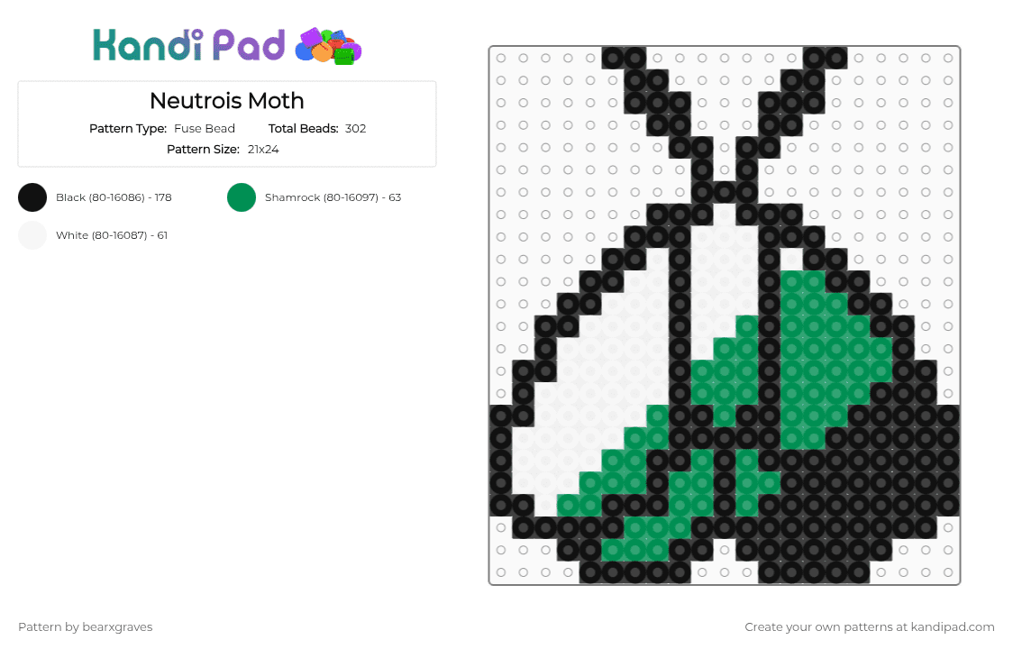 Neutrois Moth - Fuse Bead Pattern by bearxgraves on Kandi Pad - green,white,pride,moth,neutrois