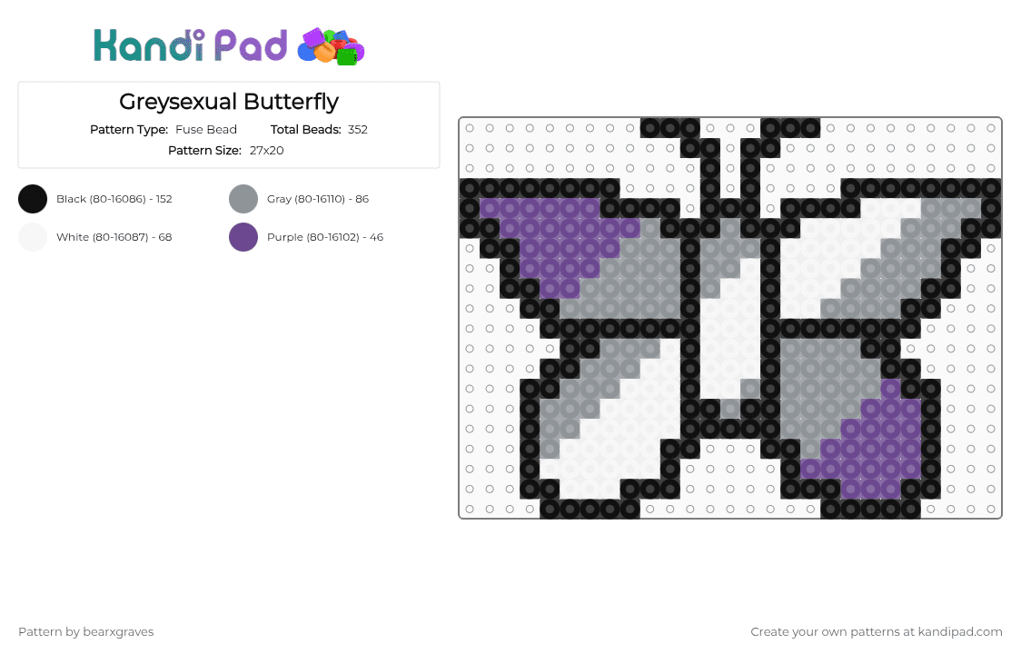 Greysexual Butterfly - Fuse Bead Pattern by bearxgraves on Kandi Pad - gray,purple,pride,butterfly,greysexual