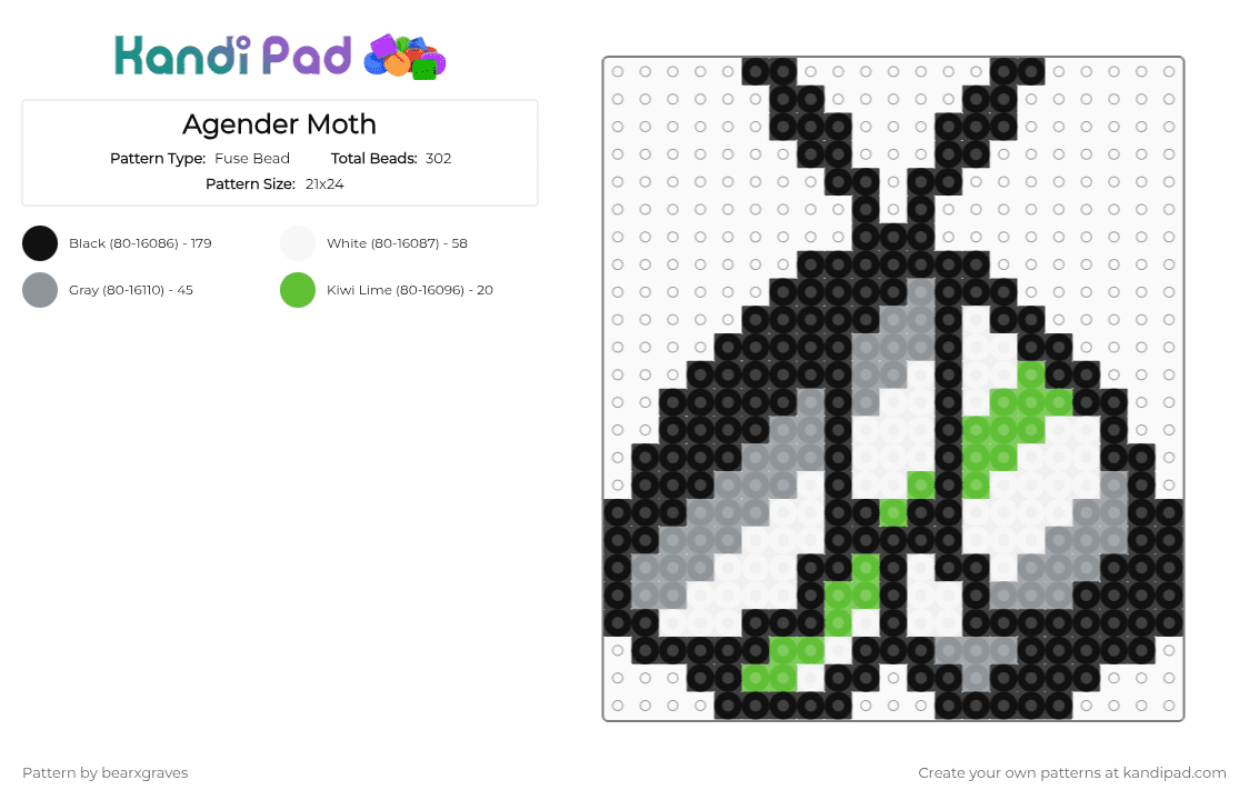 Agender Moth - Fuse Bead Pattern by bearxgraves on Kandi Pad - black,gray,green,pride,moth,agender