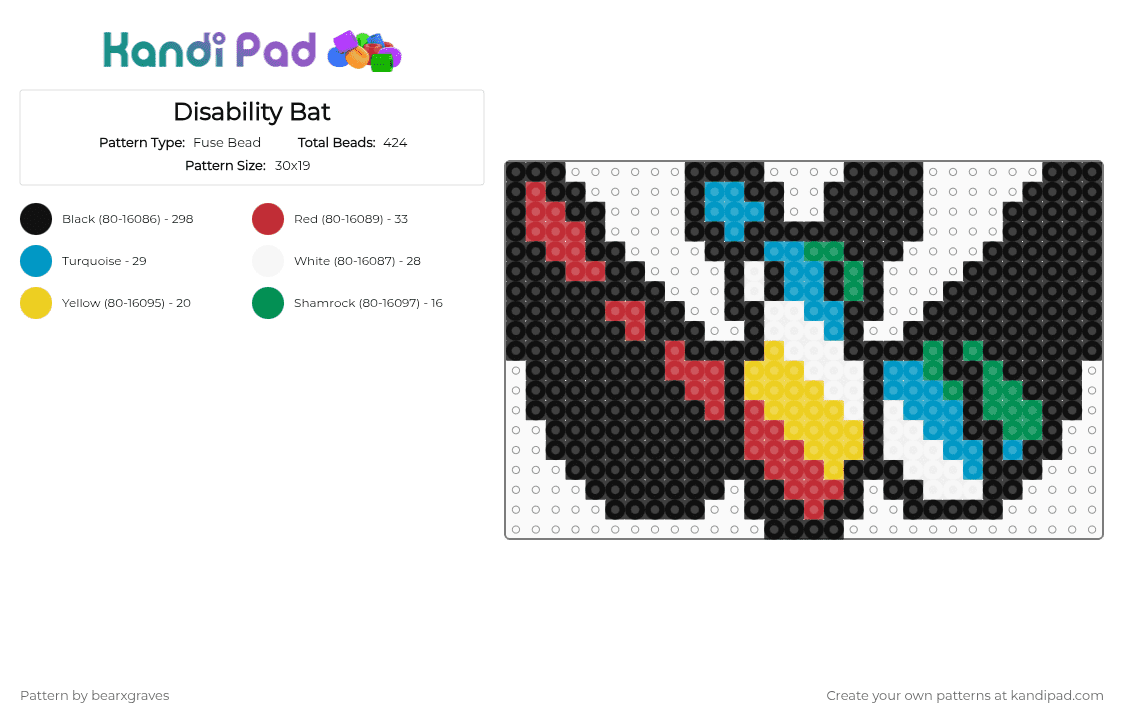 Disability Bat - Fuse Bead Pattern by bearxgraves on Kandi Pad - black,red,light blue,pride,bat,disability