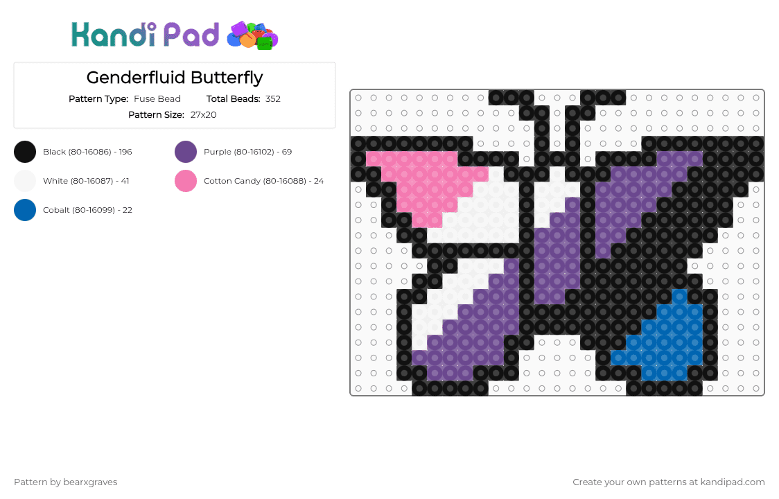 Genderfluid Butterfly - Fuse Bead Pattern by bearxgraves on Kandi Pad - black,purple,pride,butterfly,genderfluid