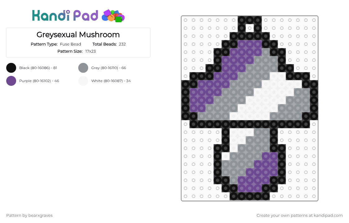 Greysexual Mushroom Keychain - Fuse Bead Pattern by bearxgraves on Kandi Pad - purple,gray,pride,mushroom,greysexual