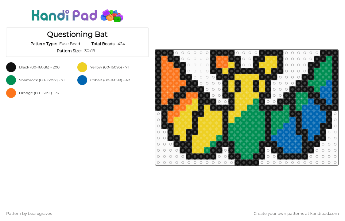 Questioning Bat - Fuse Bead Pattern by bearxgraves on Kandi Pad - black,yellow,green,pride,bat,questioning