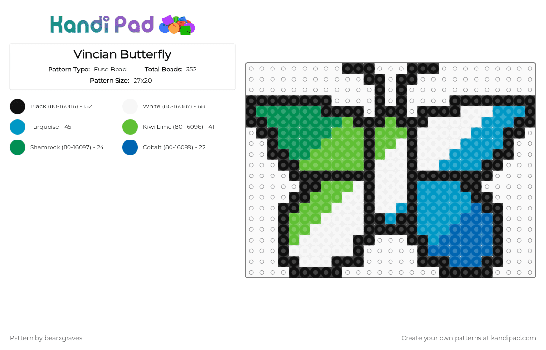 Vincian Butterfly - Fuse Bead Pattern by bearxgraves on Kandi Pad - green,light blue,pride,butterfly,vincian
