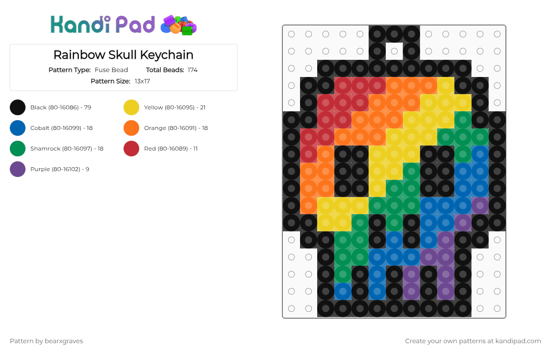 Rainbow Skull Keychain - Fuse Bead Pattern by bearxgraves on Kandi Pad - 