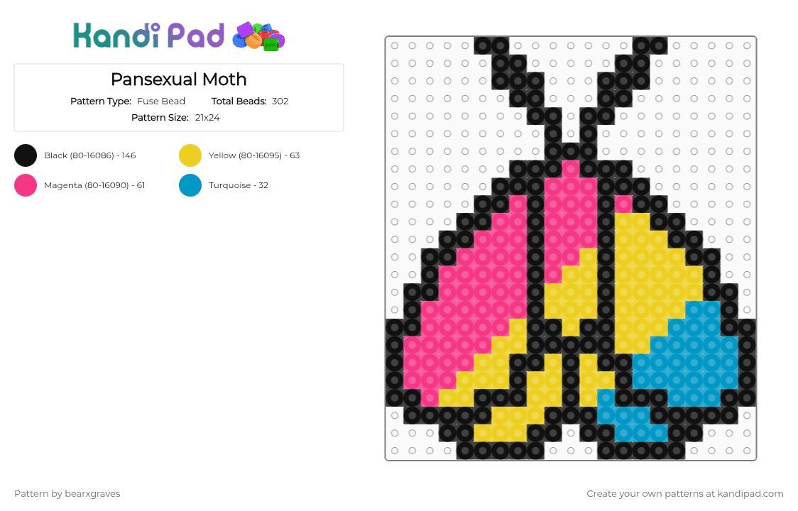 Pansexual Moth - Fuse Bead Pattern by bearxgraves on Kandi Pad - yellow,pink,pride,moth,pansexual