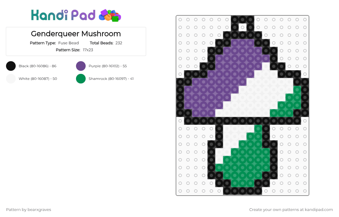 Genderqueer Mushroom Keychain - Fuse Bead Pattern by bearxgraves on Kandi Pad - purple,green,pride,mushroom,genderqueer