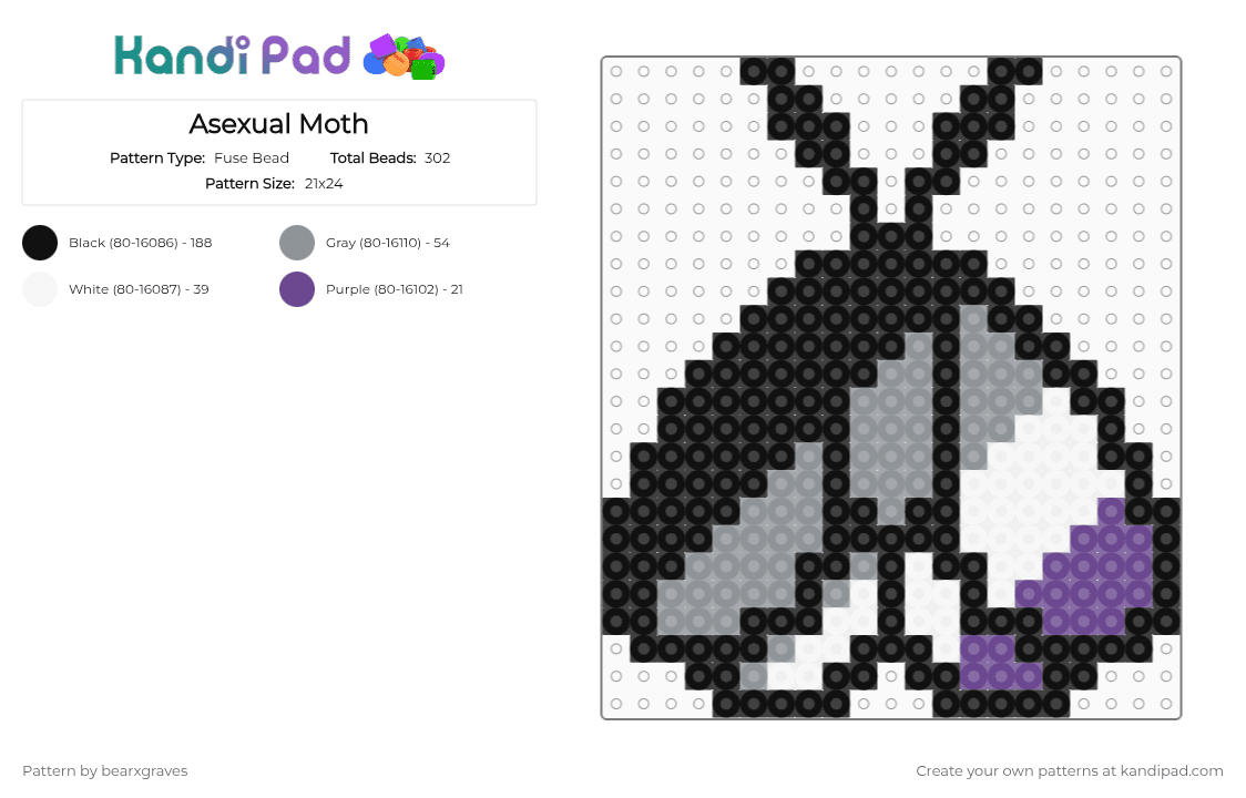 Asexual Moth - Fuse Bead Pattern by bearxgraves on Kandi Pad - black,gray,purple,pride,moth,asexual
