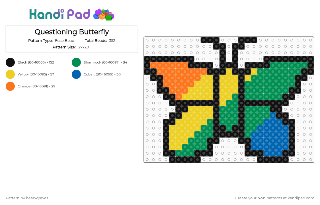 Questioning Butterfly - Fuse Bead Pattern by bearxgraves on Kandi Pad - yellow,green,pride,butterfly,questioning