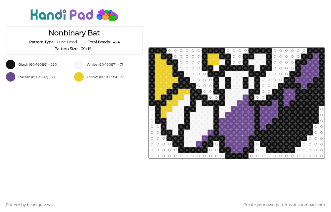 Nonbinary Bat - Fuse Bead Pattern by bearxgraves on Kandi Pad - black,yellow,purple,pride,bat,nonbinary